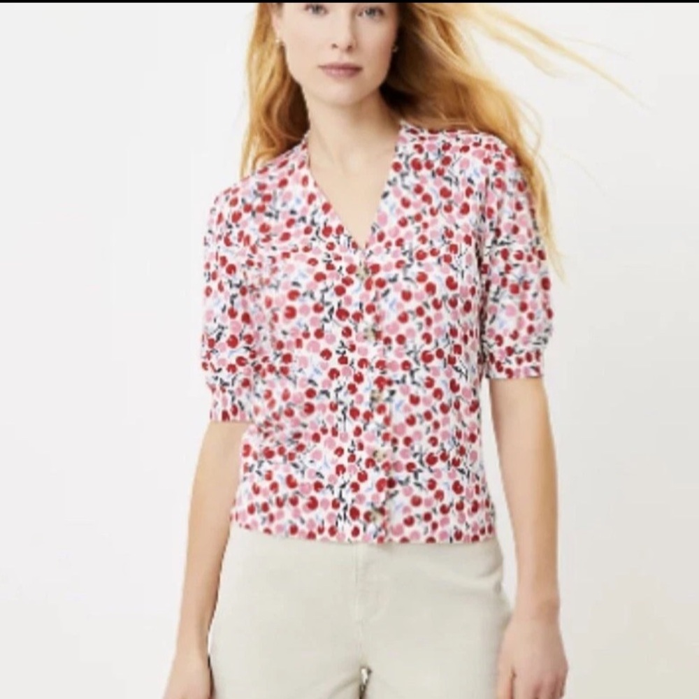 🍒 LOFT Cherry Puff Sleeve V-Neck Cardigan - Whisper White - Size Small